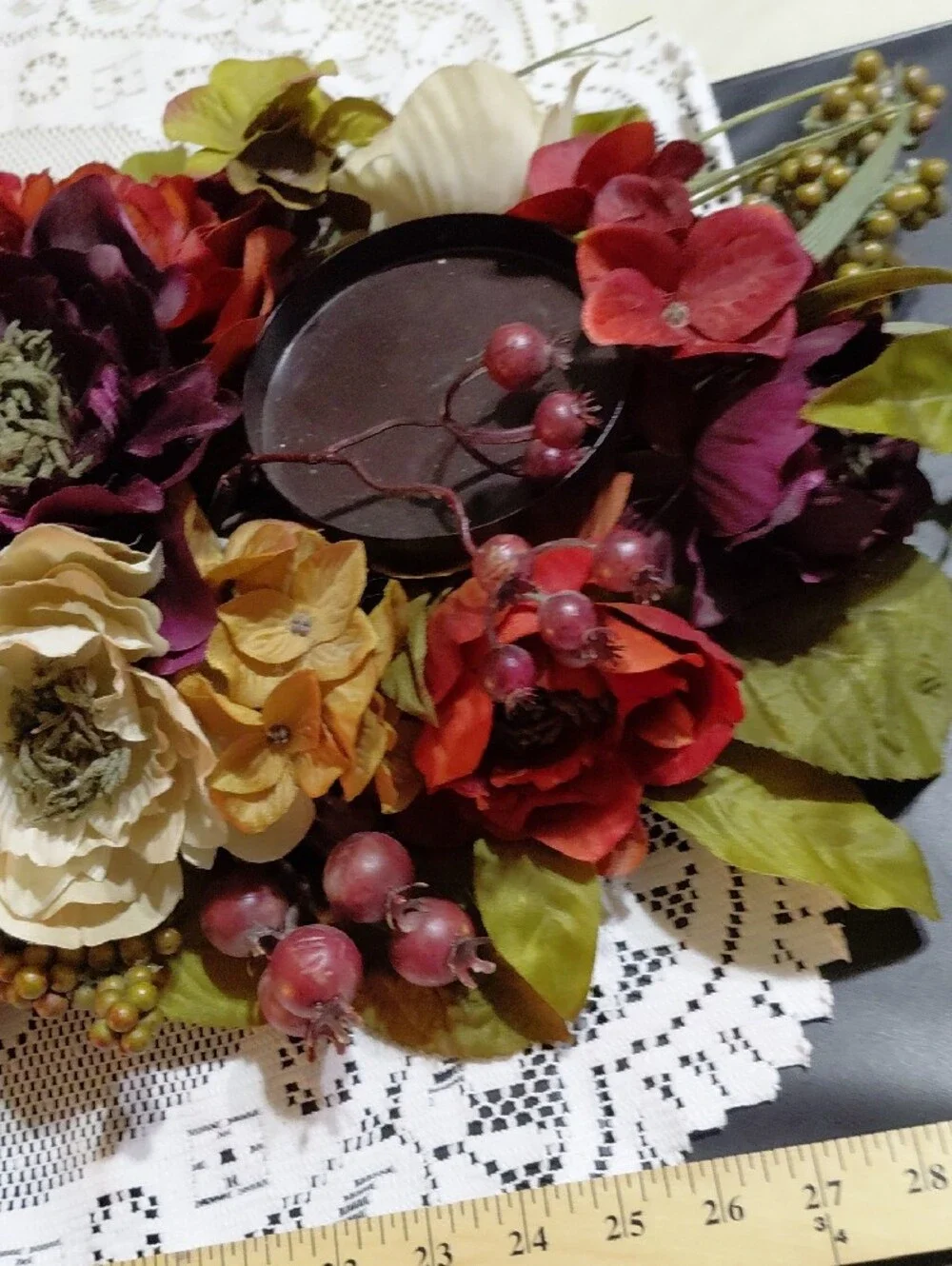Home Interiors Burgundy, Cream & Gold Faux Floral Candle Centerpiece